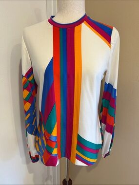 1970’s Buttons White Long Sleeved Top With Colorful Stripes Sz Small